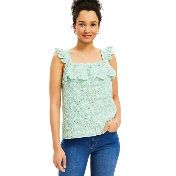 Ann Taylor LOFT Tank Top Green Eyelet Ruffle Square Neck Sleeveless Shirt - Picture 2 of 8